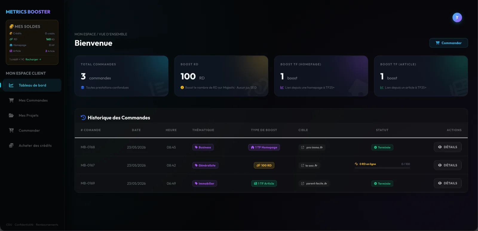 Espace client MetricsBooster : solde de crédits, bouton Recharger et historique des commandes